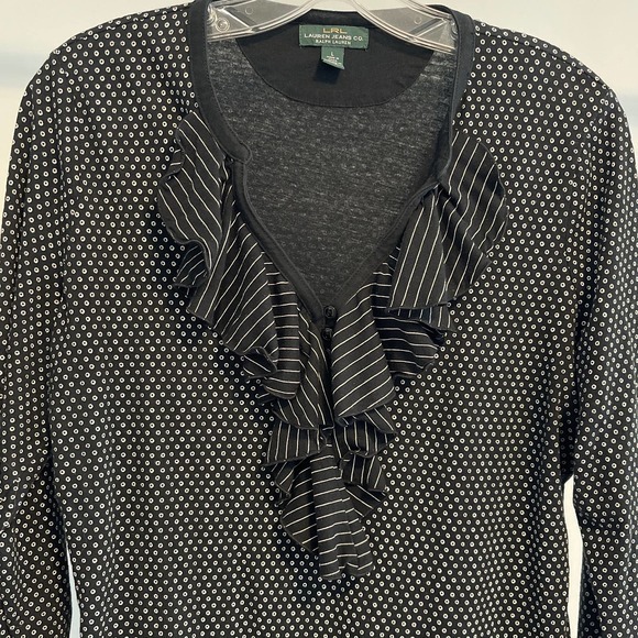 Lauren Jeans Company Black & White LS V-Neck Top Size Large Pre-owned - Picture 2 of 6